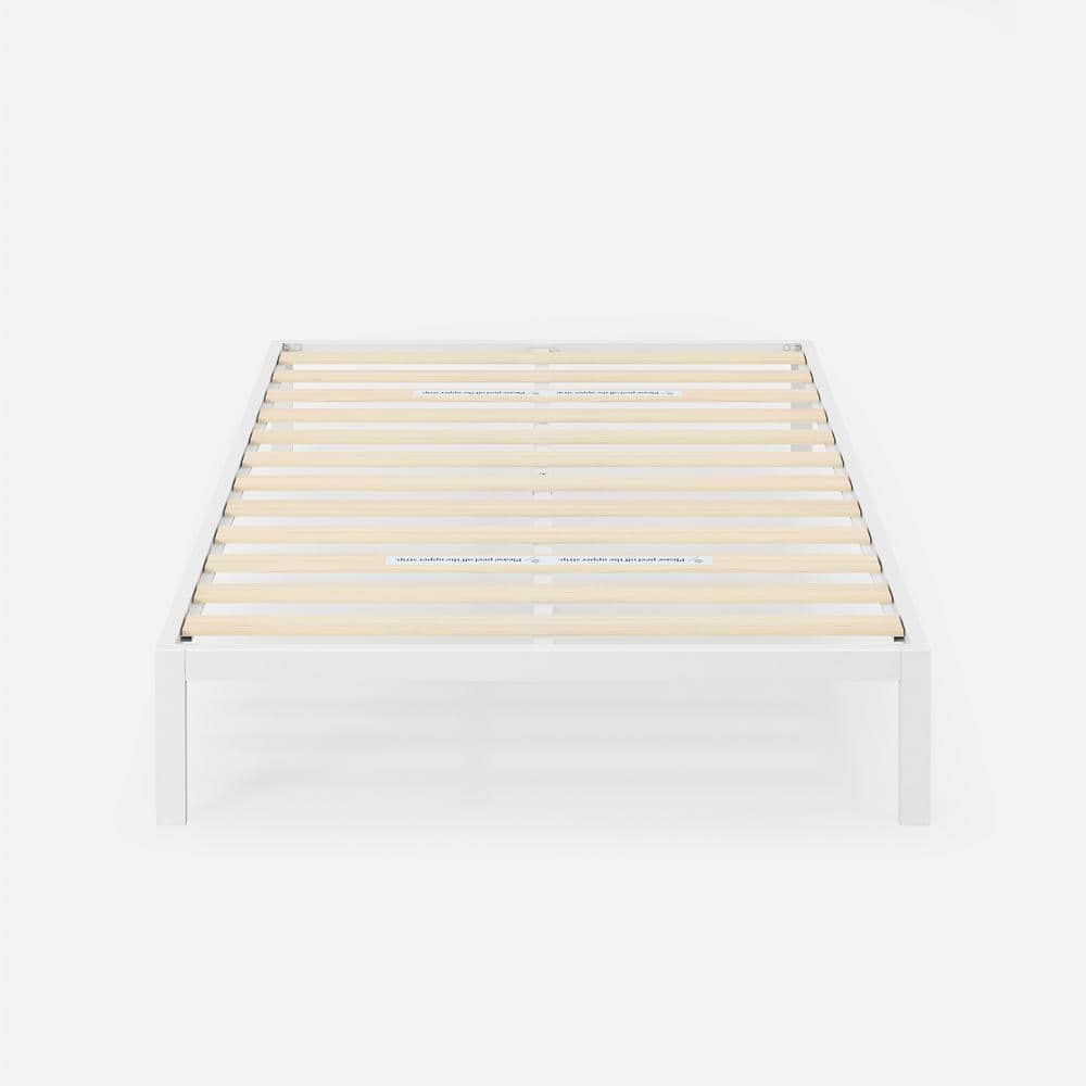 White Twin Metal Platform Bed Frame with Wood Slats