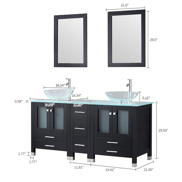 60 in. W x 21.5 in. D x 61 in. H Double Sinks Bath Vanity in Black with Glass Top and Mirror