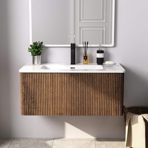 ENYA 36 in. W. x 18.3 in. D x 15.6 in. H Single Sink Floating Bath Vanity in Walnut with White Ceramic Top