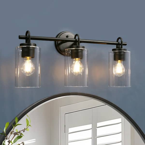 Modern Black Bathroom Vanity Light with Cylinder Clear Glass Shades 22 in. 3-Light Minimalist Powder Room Wall Sconce