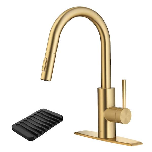 KRAUS Oletto Single Handle Pull Down Sprayer Kitchen Faucet in Spot-Free Brushed Brass with Silicone Soap Dish/Sponge Holder