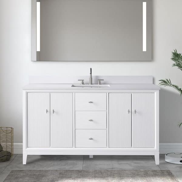 Vanity Art 60 in. W Single Sink Freestanding White Bath Vanity Cabinet with Ariston White Engineered Marble Top