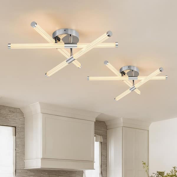 23.6 in. 18-Watt Modern Chrome LED Chandelier Semi Flush Mount Ceiling Light with 3 Rotatable Clear Acrylic Shade