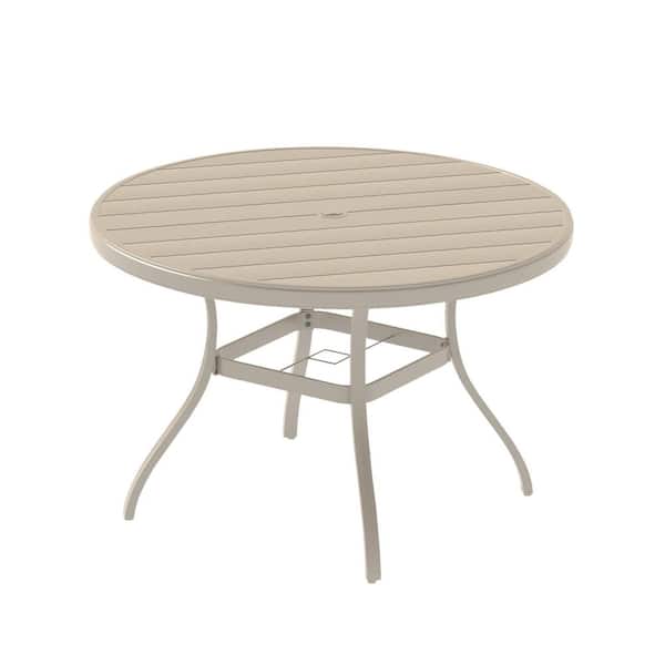 Round Metal Outdoor Dining Table, Patio Dining Table for 4-6 with Umbrella Hole for Deck, Lawn, Garden, Sandstone Color