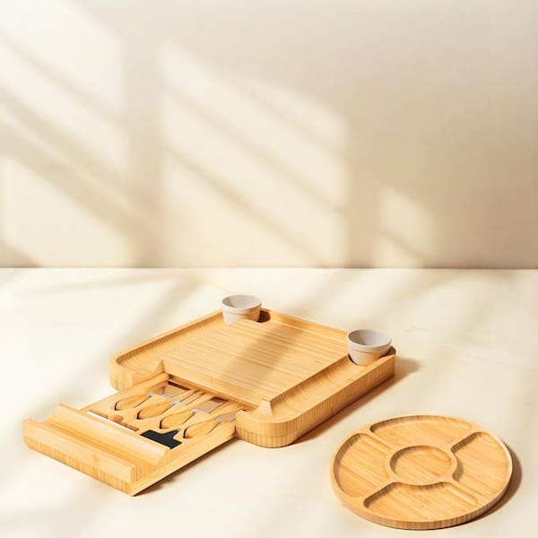 13 in. Bamboo Cheese Board Set for Serving for House Warming, Wedding, Bridal Shower and Birthday Gifts (1-Pack)