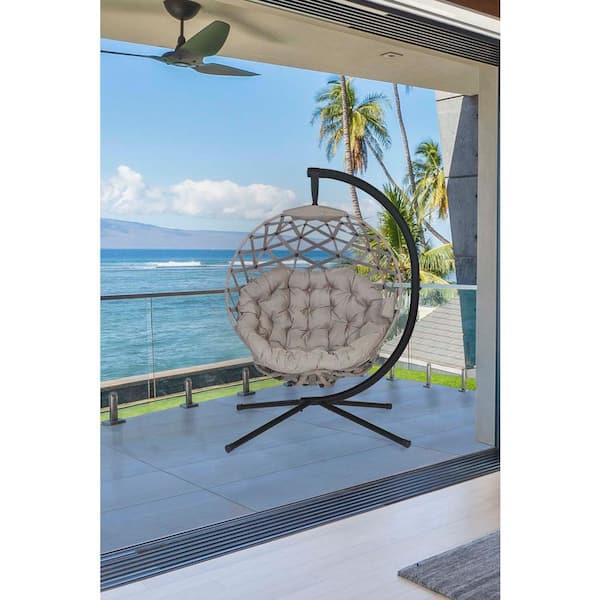 ITOPFOX Outdoor Beige Modern Hanging Ball Chair with Cushion