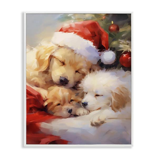 Stupell Industries Christmas Puppies by Tree by Enrico McGarrigle 1-Piece Framed Graphic Print Animal Poster Art Print 20 in. x 16 in.
