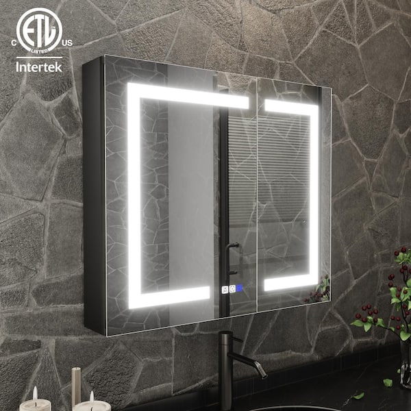 Forclover MA 30-in x 26-in Lighted LED Fog Free Surface Mount Black Mirrored Soft Close Medicine Cabinet