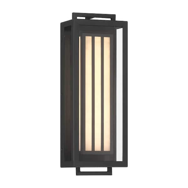 Eastly 16 in. Sand Black Outdoor Hardwired Rectangle Coach Wall Sconce with Integrated LED Included and Alabaster Shades