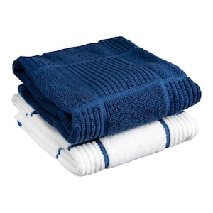 Blue Plaid Solid and Check Parquet Woven Cotton Kitchen Towel Set of 2