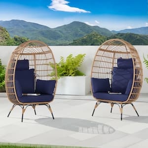 2 Pieces Oversized Outdoor Brown Rattan Egg Chair Patio Chaise Lounge Indoor Basket Chair with Navy Blue Cushion