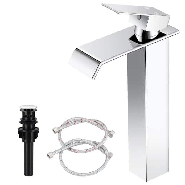Waterfall Single Handle Vessel Sink Faucet with Pop-Up Drain in Polished Chrome