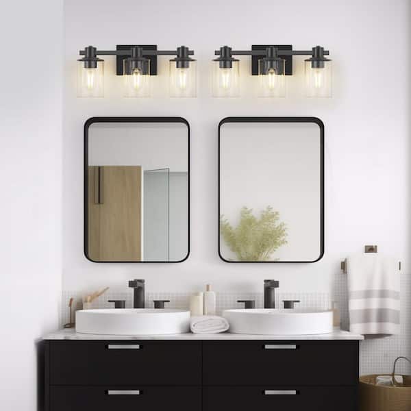 20 in. 3 Light Bathroom Vanity Light, Matte Black Fixtures with Clear Glass Shade, Modern Bathroom Lights Over Mirror