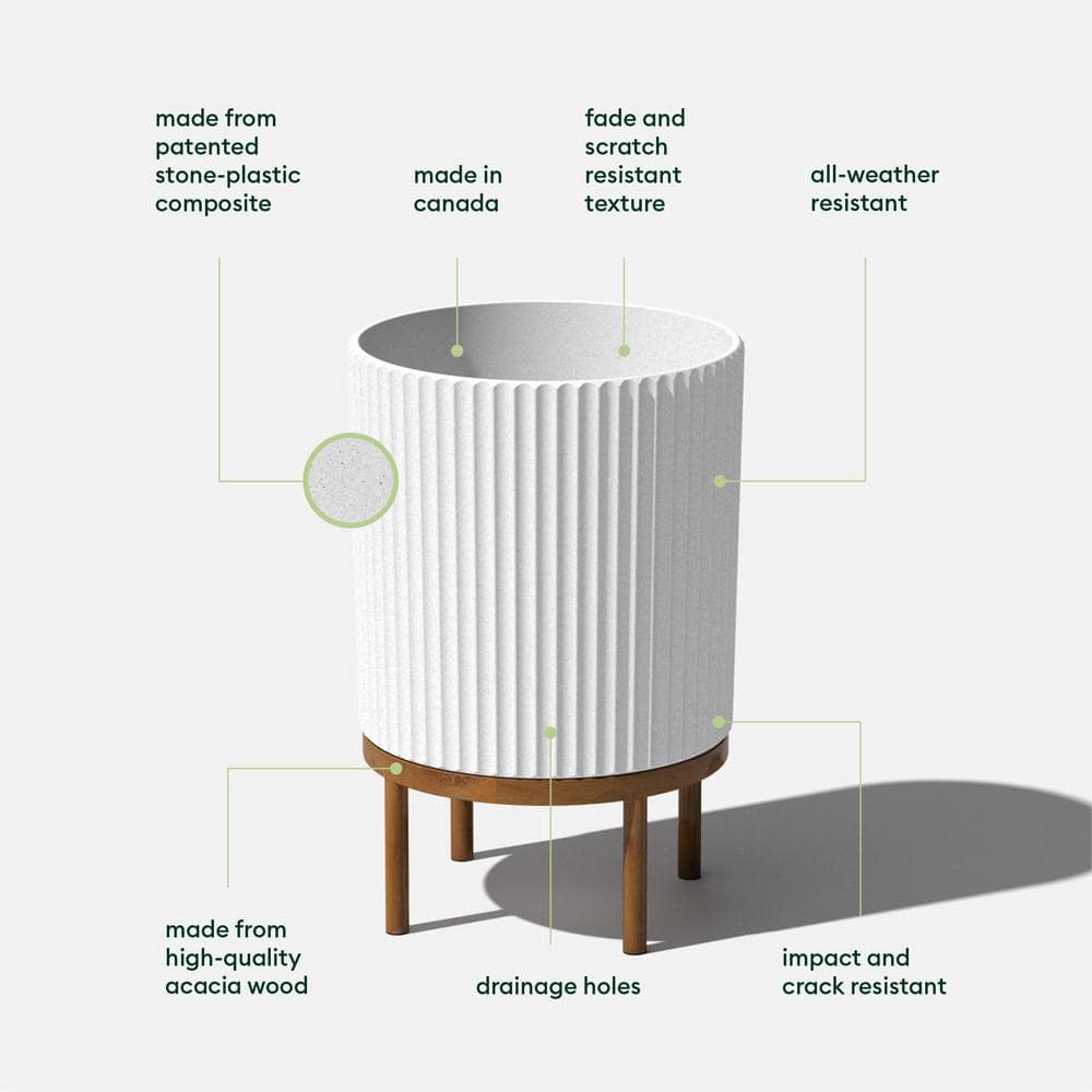 White Fluted Concrete-Composite Planter with Acacia Wood Stand