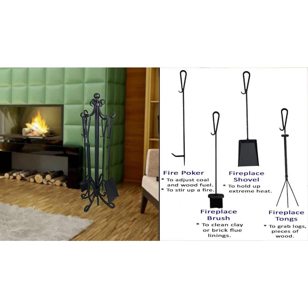 Ashman Black Iron 5-Piece Fireplace Tool Set with Crook Handles
