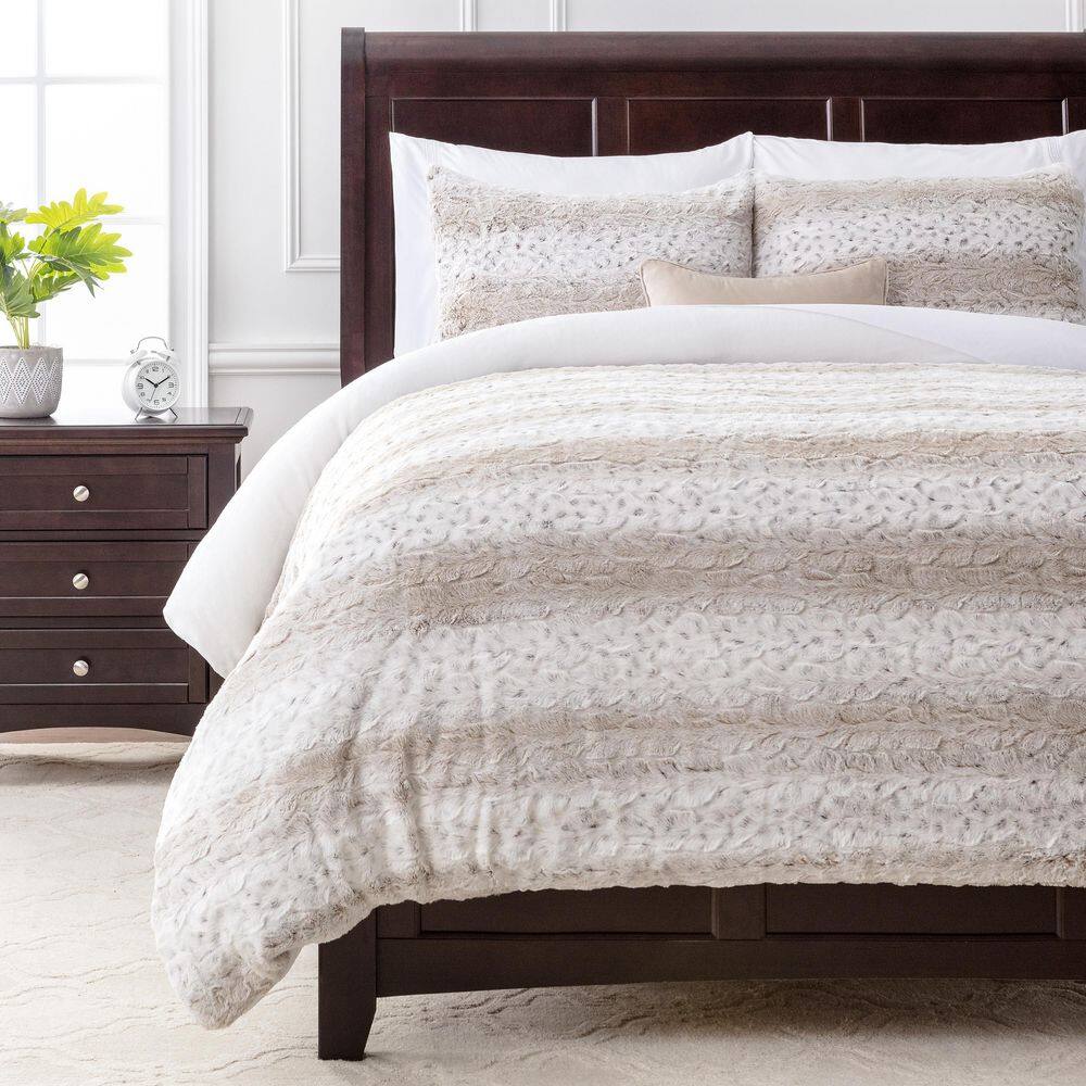 Luxurious Beige Faux Fur Queen Duvet Cover Set