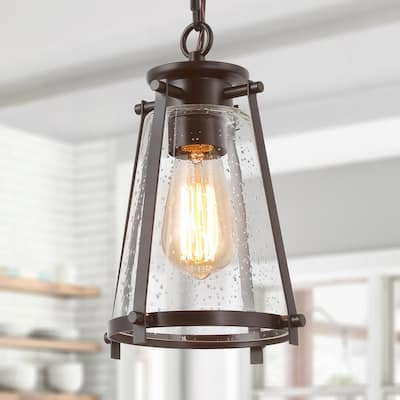 Asaf 1-Light Oil-Rubbed Bronze Mini Lantern Pendant Light with Seeded Glass Shade