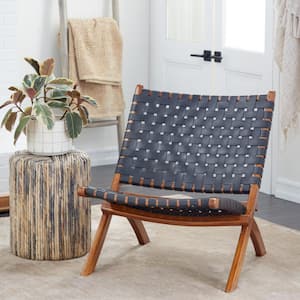 Black Leather Woven Folding Chair with Brown Wood Frame
