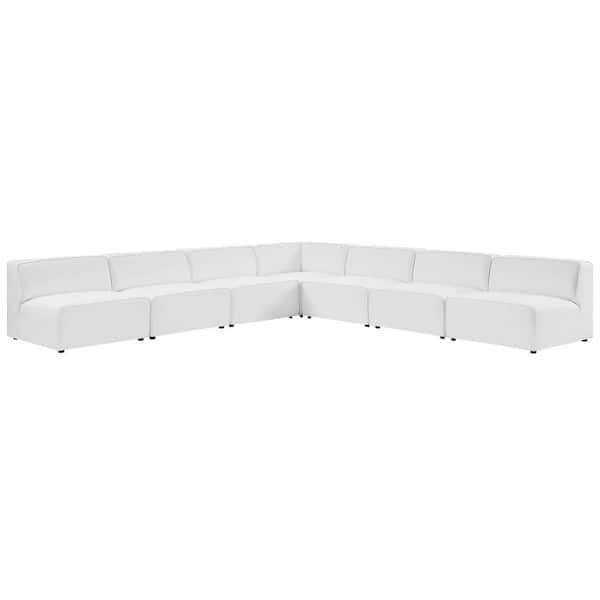 Mingle 7-Piece White Faux Leather L-Shaped Symmetrical Sectional Sofa with Elegant Trim Piping
