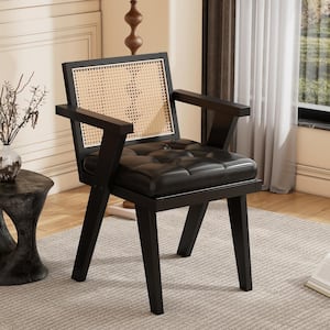 Mid-Century Black Accent Chair Leather Leisure Armchair with Handcrafted Rattan Backrest and Padded Seat for Living Room