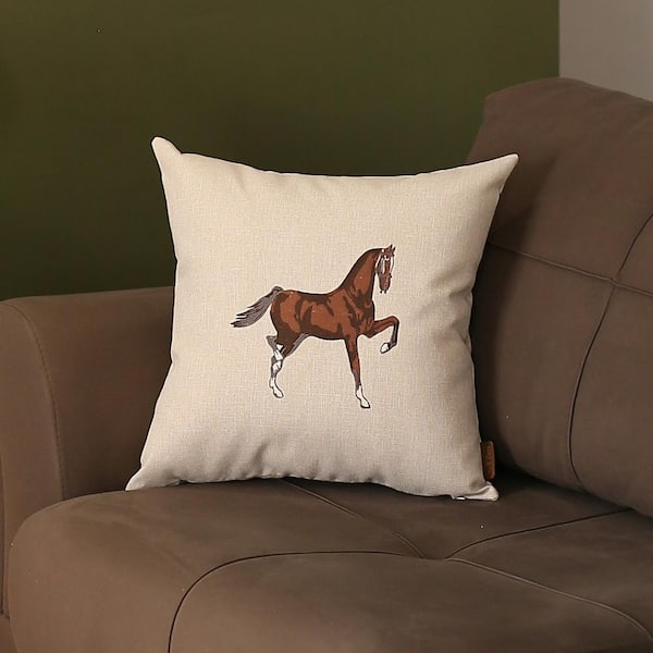 Boho Embroidered Horse Handmade Set of 4 Throw Pillow 18 x 18 Vegan Faux Leather Solid Beige & Brown Square Mike&Co. New York