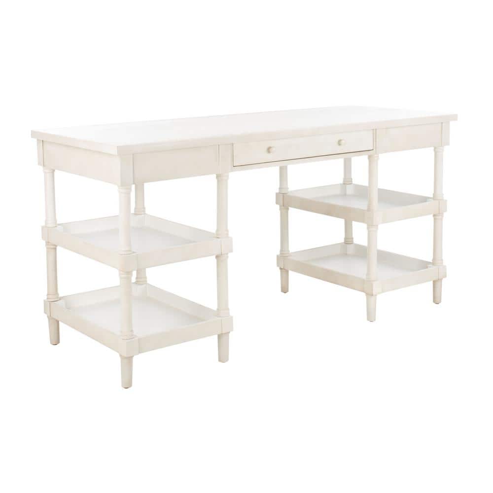 White Washed Wood Writing Desk with Drawer and Shelves