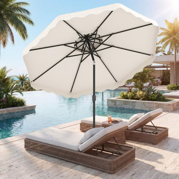 9 ft patio umbrellas Garvee 9' Outdoor Umbrella, Outdoor Table Umbrella – Market Umbrella with Push Button Tilt, Crank, 8 Ribs, UV Waterproof for Garden, Deck, Pool shaded outdoor setting with the Panza 9 Ft Patio Umbrella Encore Beets 9 Ft Patio
