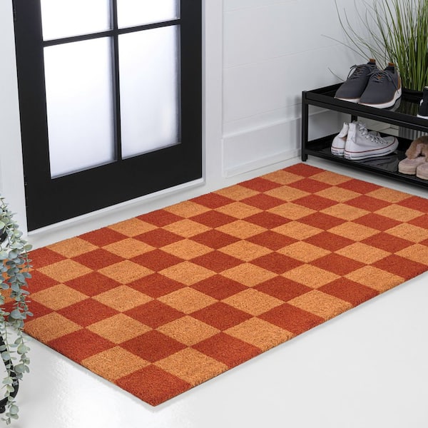 Peater Classic Casual Commerical Natural Coir Natural/Red Checker 3 ft. x 6 ft. Indoor/Outdoor Runner Rug