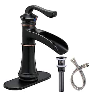 Waterfall Single Handle Single Hole Bathroom Faucet, Oil Rubbed Bronze Lavatory Sink Faucet for 1 or 3-Holes with Drain