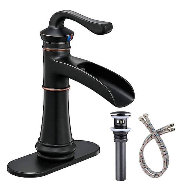 Unbranded Waterfall Single Handle Single Hole Bathroom Faucet, Oil Rubbed Bronze Lavatory Sink Faucet for 1 or 3-Holes with Drain