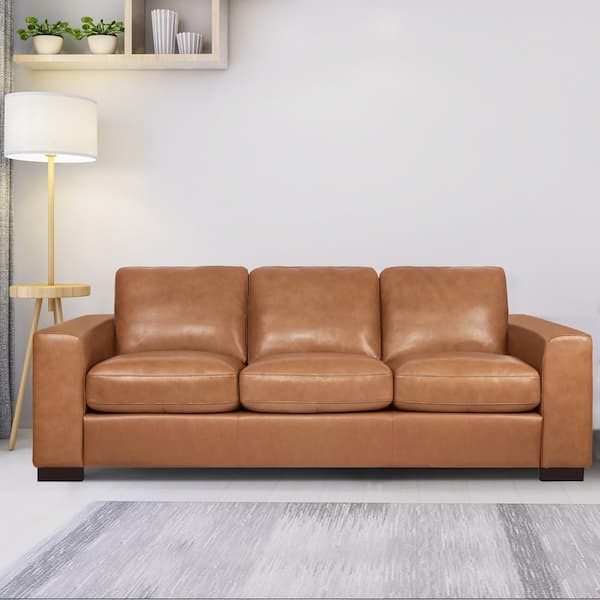 MAYKOOSH 85.8 in. Square Arm Leather Rectangle Sofa in. Tan