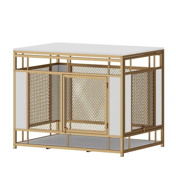 FUFU&GAGA Large Dog Kennels Crate, Indoor Dog Crate End Table, Mesh and Wooden Dog Cages with 2-Doors for S, M, L Dogs, White Gold