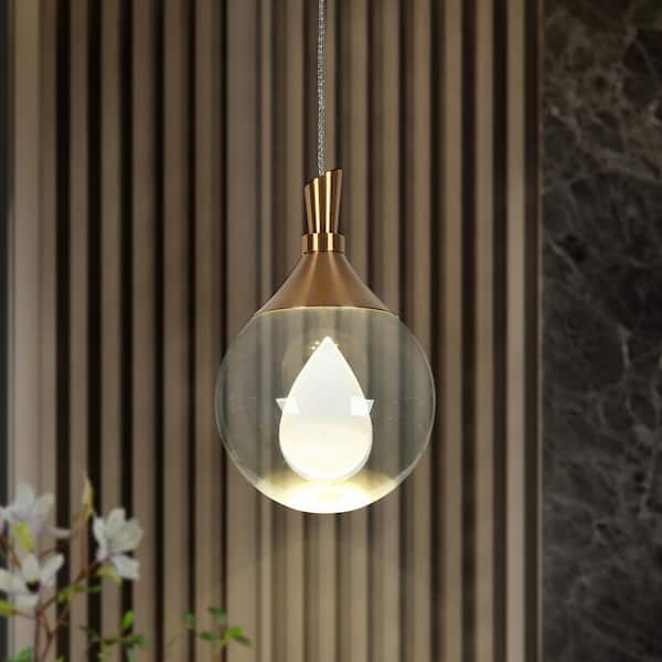 Dsenlupor Plated Brass LED Mini Pendant Light with Inner Carved Crystal Ball, Modern 1-Light Teardrop Island Pendant