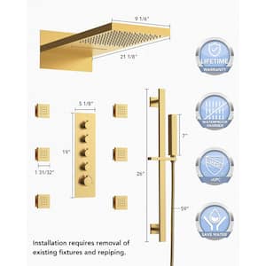 15-Spray 9 in. Lx21 in. W Dual Wall Mount Fixed and Handheld Shower Head in Brushed Gold (Valve Included)