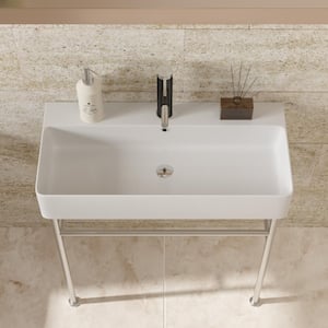 35 in. Ceramic White Console Sink Basin and Polished Nicke Legs Combo with Overflow