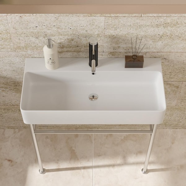 Unbranded 35 in. Ceramic White Console Sink Basin and Polished Nicke Legs Combo with Overflow
