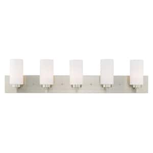 Cranbrook 35 in. 5-Light Brushed Nickel Vanity Light with Satin Opal White Twist Lock Cylinder Glass