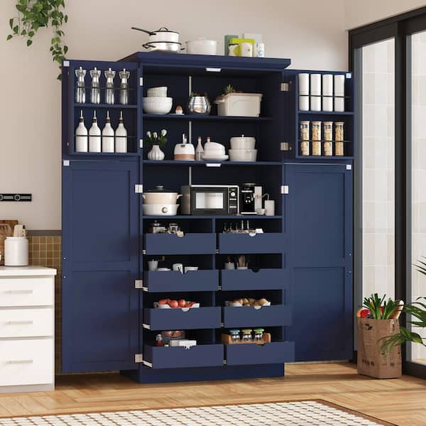 Blue 70.9 in. Accent Cabinet, Pantry Cabinet with 4 Doors, 2 Door Shelves, 8 Pull-out Trays and Adjustable Shelf