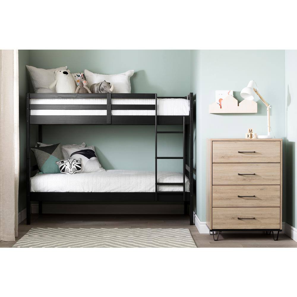 Twin Matte Black Pine Wood Bunk Bed Frame with Headboard