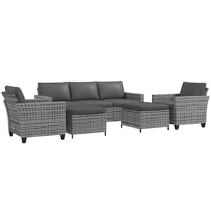5-Piece Wicker Patio Conversation Set with Mixed-Gray Cushions