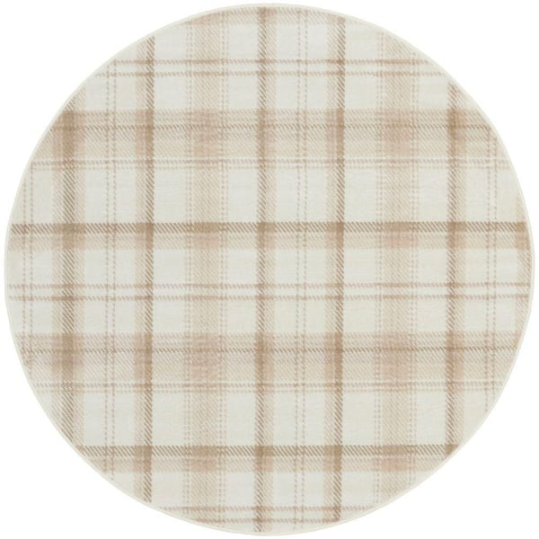 Grafix Ivory Beige 4 ft. x 4 ft. Plaid Contemporary Round Area Rug