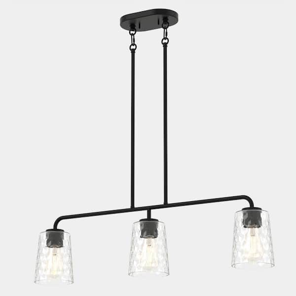 YANSUN 32 in. Modern 3-Light Indoor Island Pendant Light, Black with Glass Shade for Bar, Dining Room, and Kitchen Island
