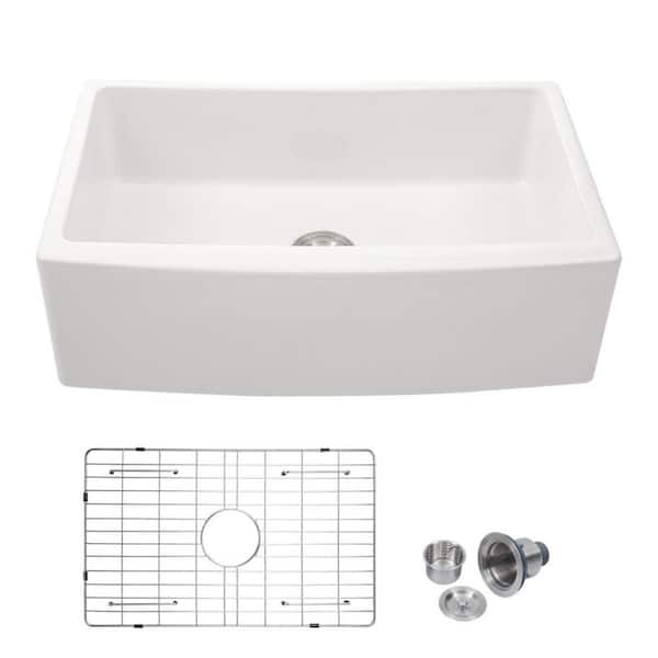 30 in. Farmhouse/Apron-Front Single Bowl White Ceramic Kitchen Sink with Accessories