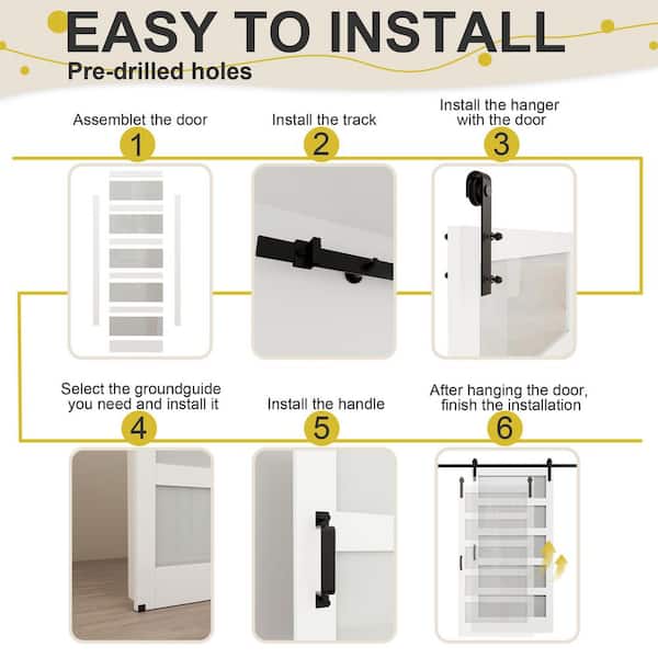 36 in. x 84 in. 5-Lite with Frosted Glass White MDF Pre-Drilled Assembly Required Sliding Barn Door with Hardware Kit