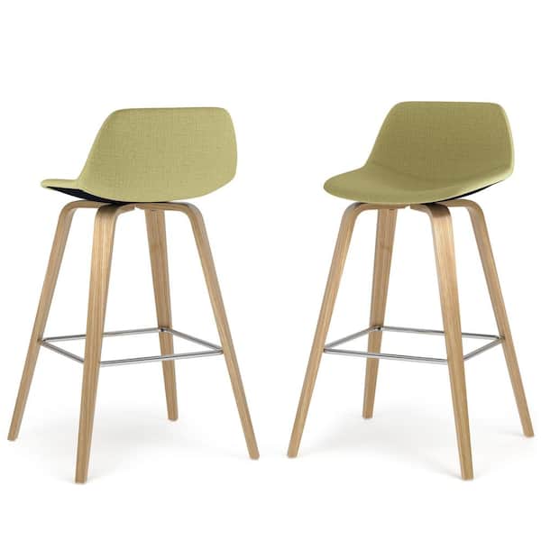 Simpli Home Randolph Mid Century Modern 26 in. Bentwood Counter Height Stool (Set of 2) with Light Wood in Acid Green Linen Fabric