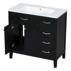 35.98 in. W. x 18.03 in. D x 35.98 in. H Bathroom Vanity Cabinet in Black with Drawers, White Ceramic Sink Top