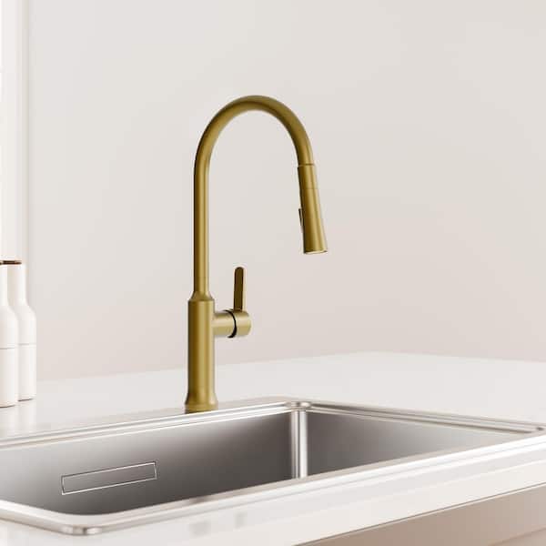 18.5 in. H Spout 360° Swivel Single Handle Pull Out 2-Sprayer Kitchen Faucet with Brass Rough-in Valve in Brushed Gold