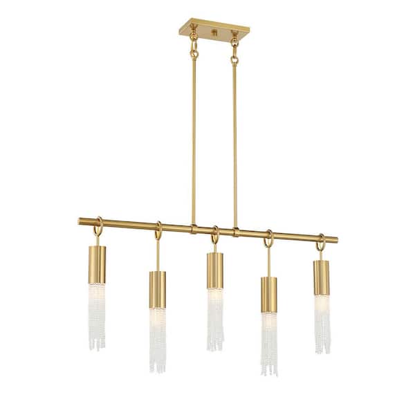 Chelsea 40 in. W x 20.5 in. H 5-Light Warm Brass Linear Chandelier with Clear Crystal Accents and No Bulbs Included
