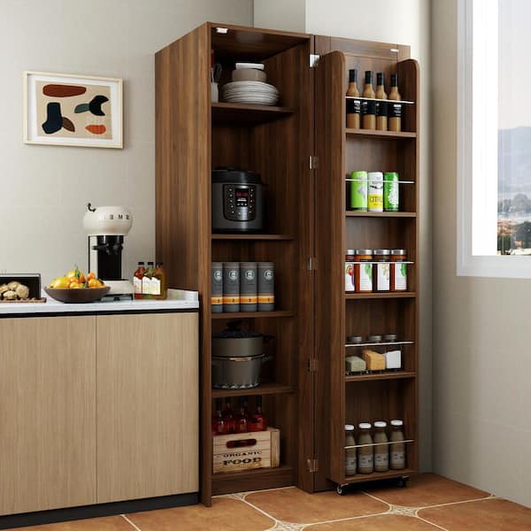 Akiva 62.99 in. H Walnut Wood Pantry Storage Cabinet with 4 Shelves and Cupboards Sideboard
