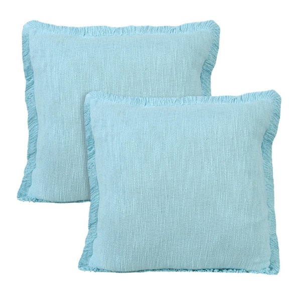 Unbranded Casper Light Blue Solid Color Fringed Hand-Woven 20 in. x 20 in. Indoor Throw Pillow Set of 2